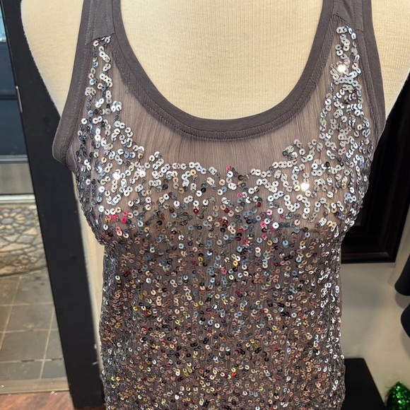 Armani Exchange Sequin Mesh Tank Top in Charcoal Silver - Picture 4 of 5